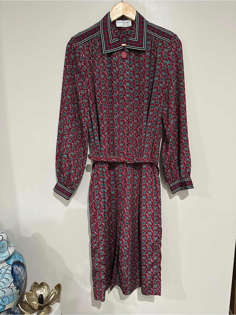 Vintage Schrader Red Geometric Belted Shirt Dress Retro Fits XL Midi Pockets - Picture 3 of 16